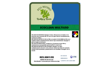 Etiqueta del limpiador multiuso ECOclean de Ecorecreo. Contiene logo "Reutiliza y Recicla", instrucciones de seguridad y contacto CITUC.