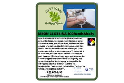 Etiqueta de producto para Jabón Glicerina ECOhands&body, mostrando manos enjabonándose. Incluye logo ECO RECREO y precauciones de uso.